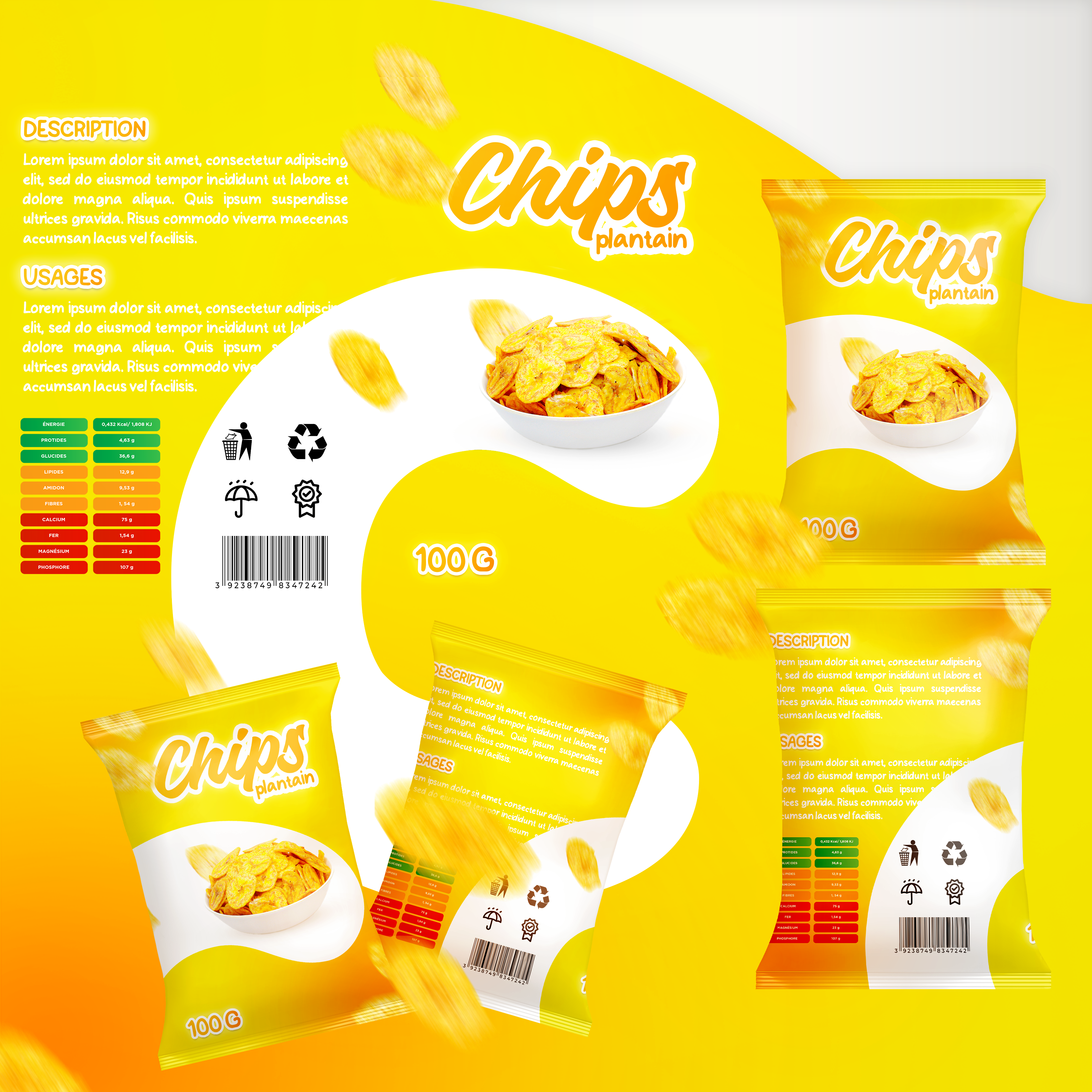 Packaging de chips de plantain décliné sur plusieurs faces de sachet