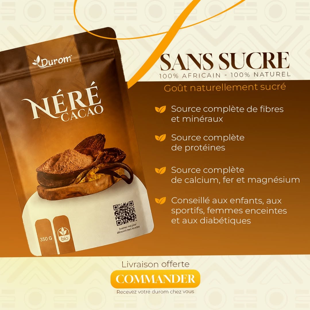 Sachet de poudre Néré Cacao de la marque Durom mis en scène avec ses ingrédients