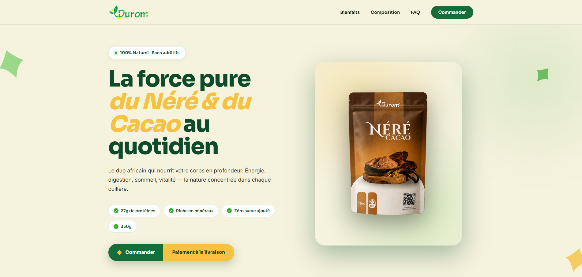 Page produit du site Durom présentant la poudre Néré Cacao
