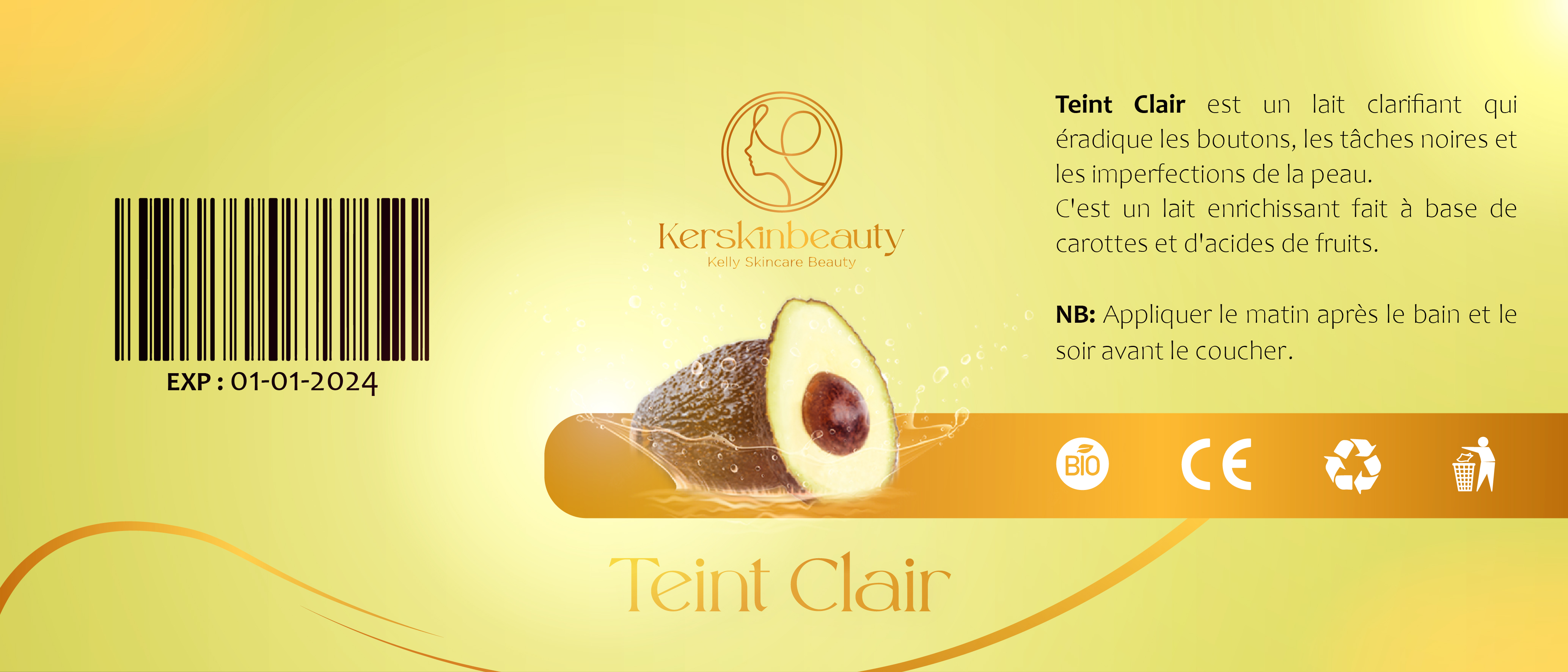 Étiquette du produit cosmétique Teint Clair de la marque Kerskinbeauty