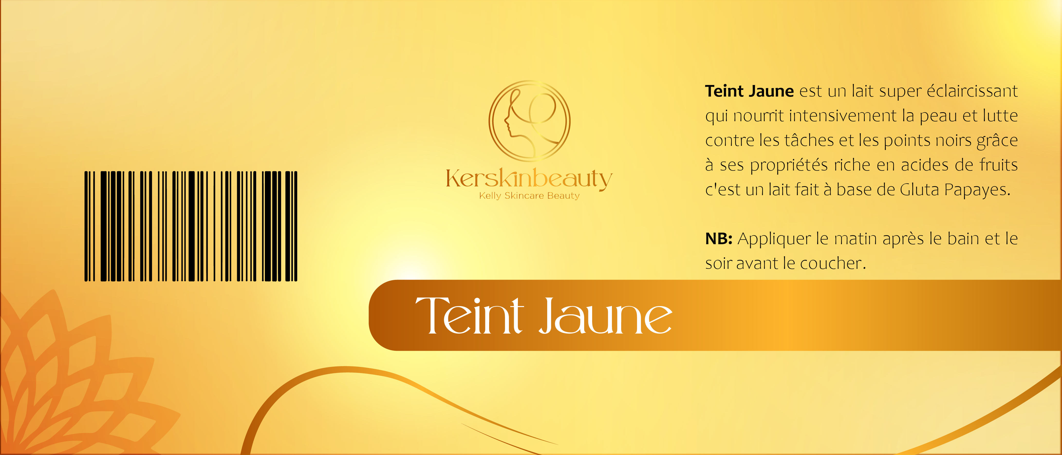 Étiquette du produit cosmétique Teint Jaune de la marque Kerskinbeauty