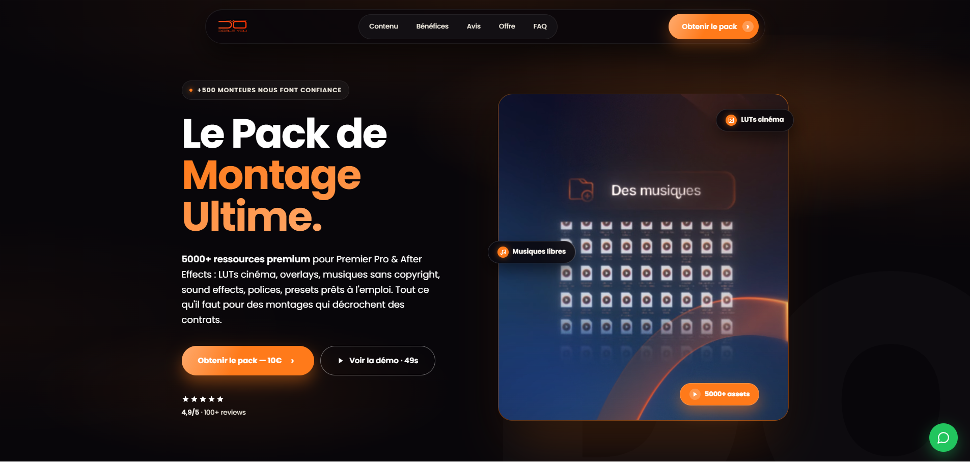 Landing page de vente du Pack Montage Ultime, ressources pour monteurs vidéo