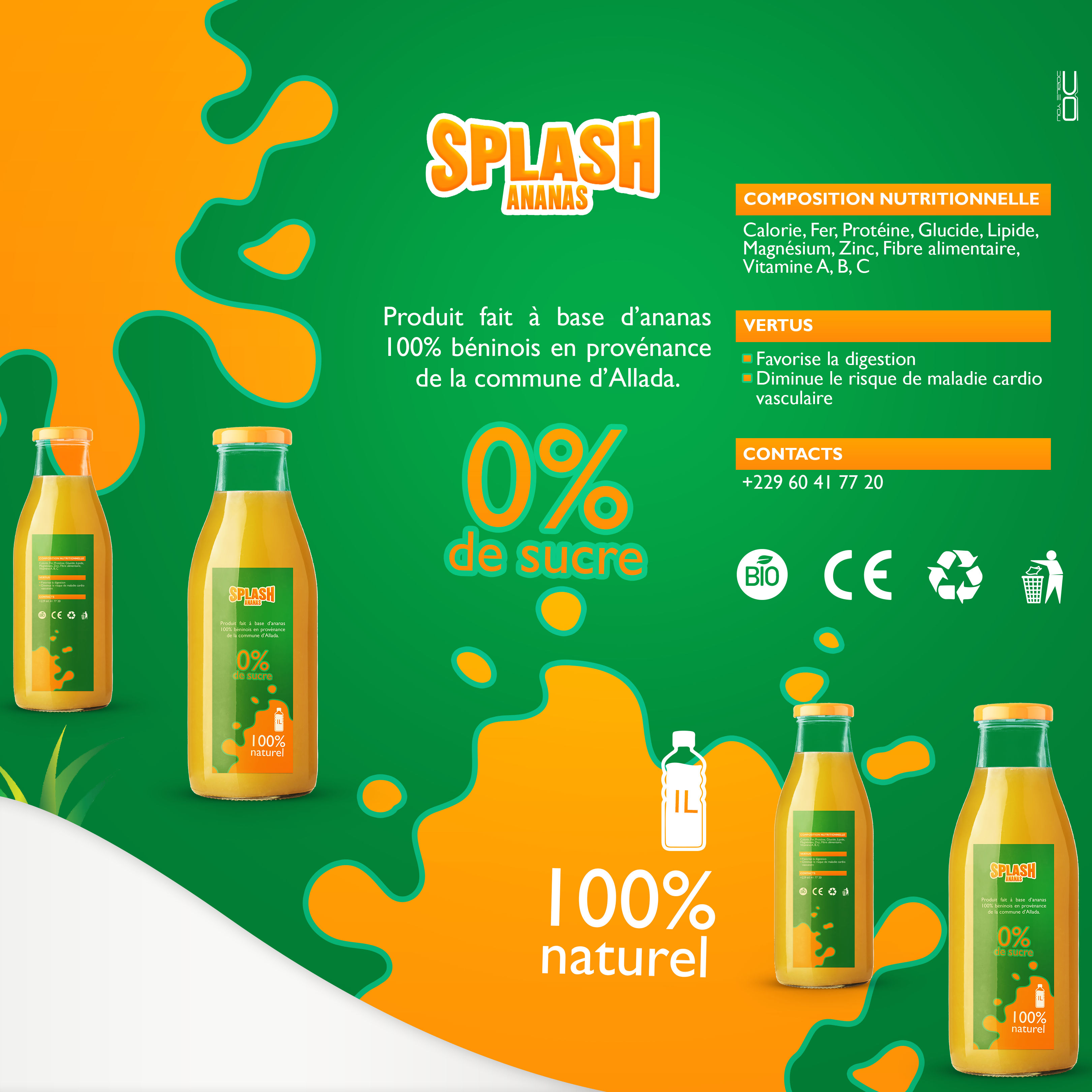 Packaging des bouteilles de jus Splash Ananas, 100% naturel et 0% de sucre