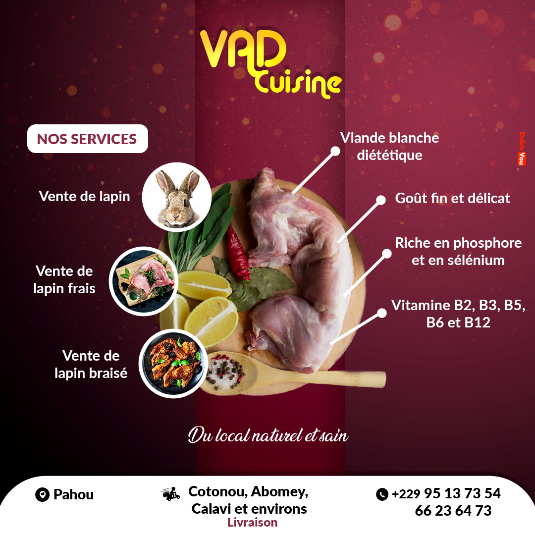 Affiche des services de VAD Cuisine pour la vente de lapin frais et braisé